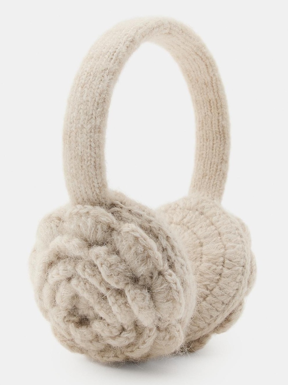 Zara ecru wool and alpaca blend crochet knit floral earmuffs NWT